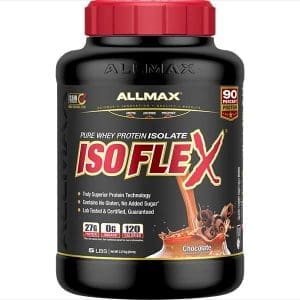Proteína Isoflex de Allmax, suplemento de proteína aislada de suero de alta pureza con 27 gramos de proteína por porción, ideal para deportistas y personas activas