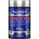 Envase de Creatina Monohidrato Allmax 100g con certificación CREASYN® e Informed Choice, reconocido por su pureza y calidad superio