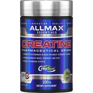 Envase de Creatina Monohidrato Allmax 100g con certificación CREASYN® e Informed Choice, reconocido por su pureza y calidad superio