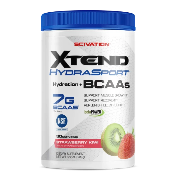 BCAA Xtend HydraSport, sabor Strawberry kiwi, suplemento de aminoácidos, tapa azul, envase blanco
