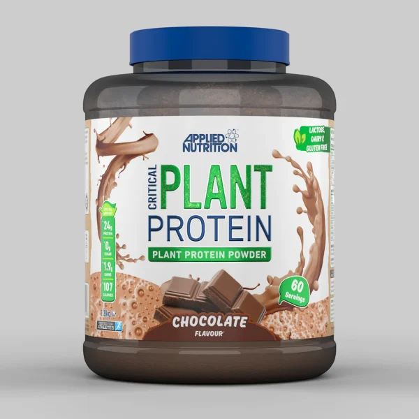 Critical Plant Protein Applied Nutrition, envase blanco y verde, suplemento vegano en polvo de proteína vegetal.