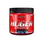 Envase del Preentreno Huger de Integralmédica 320g con ingredientes clave: beta-alanina, cafeína y taurina.