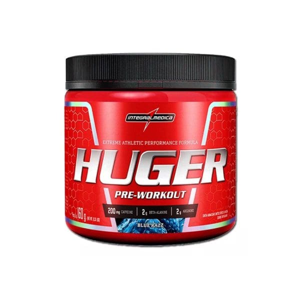 Envase del Preentreno Huger de Integralmédica 320g con ingredientes clave: beta-alanina, cafeína y taurina.