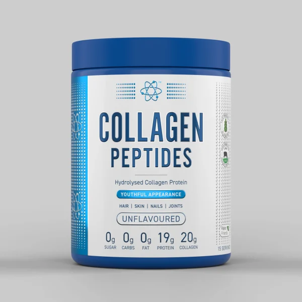 envase de Collagen Peptides Applied Nutrition 300 g, suplemento de colágeno hidrolizado en polvo, envase blanco con detalles en azul