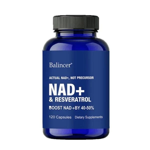 Suplemento NAD+ y resveratrol Balincer en frasco de 120 cápsulas.