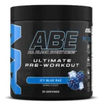 Pre entreno ABE Sour Apple 375g en polvo. Suplemento sabor Icy Blue Raz con cafeína, creatina y citrulina.