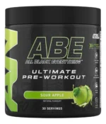 Pre entreno ABE Sour Apple 375g en polvo. Suplemento sabor manzana ácida con cafeína, creatina y citrulina.